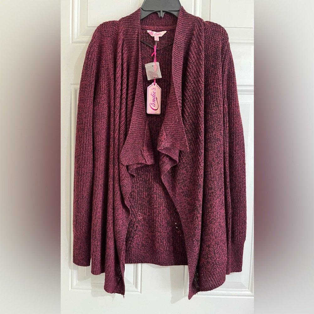 NWT Candie’s Cardigan Women’s XS Burgundy Red Sparkle Open Sweater‎ Lagenlook